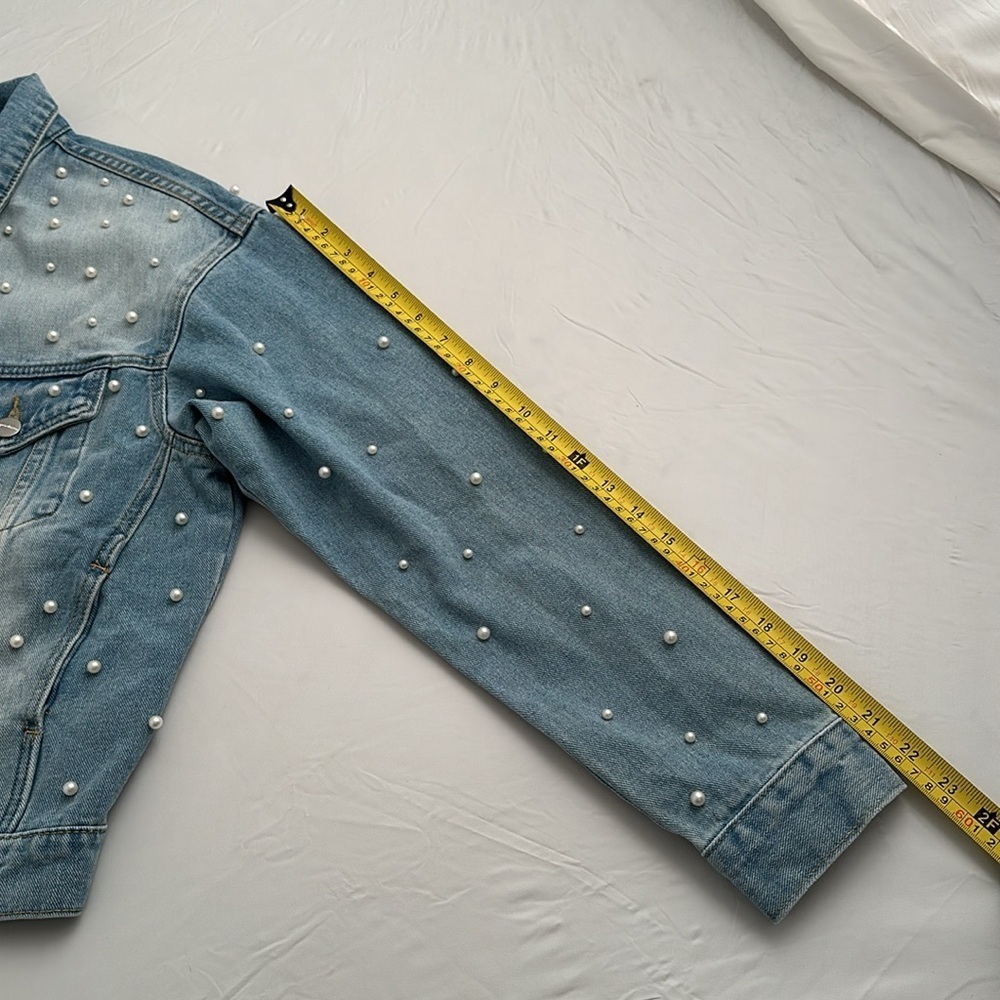 Superdown white pearl embellished light wash blue denim jacket - Picture 8 of 11